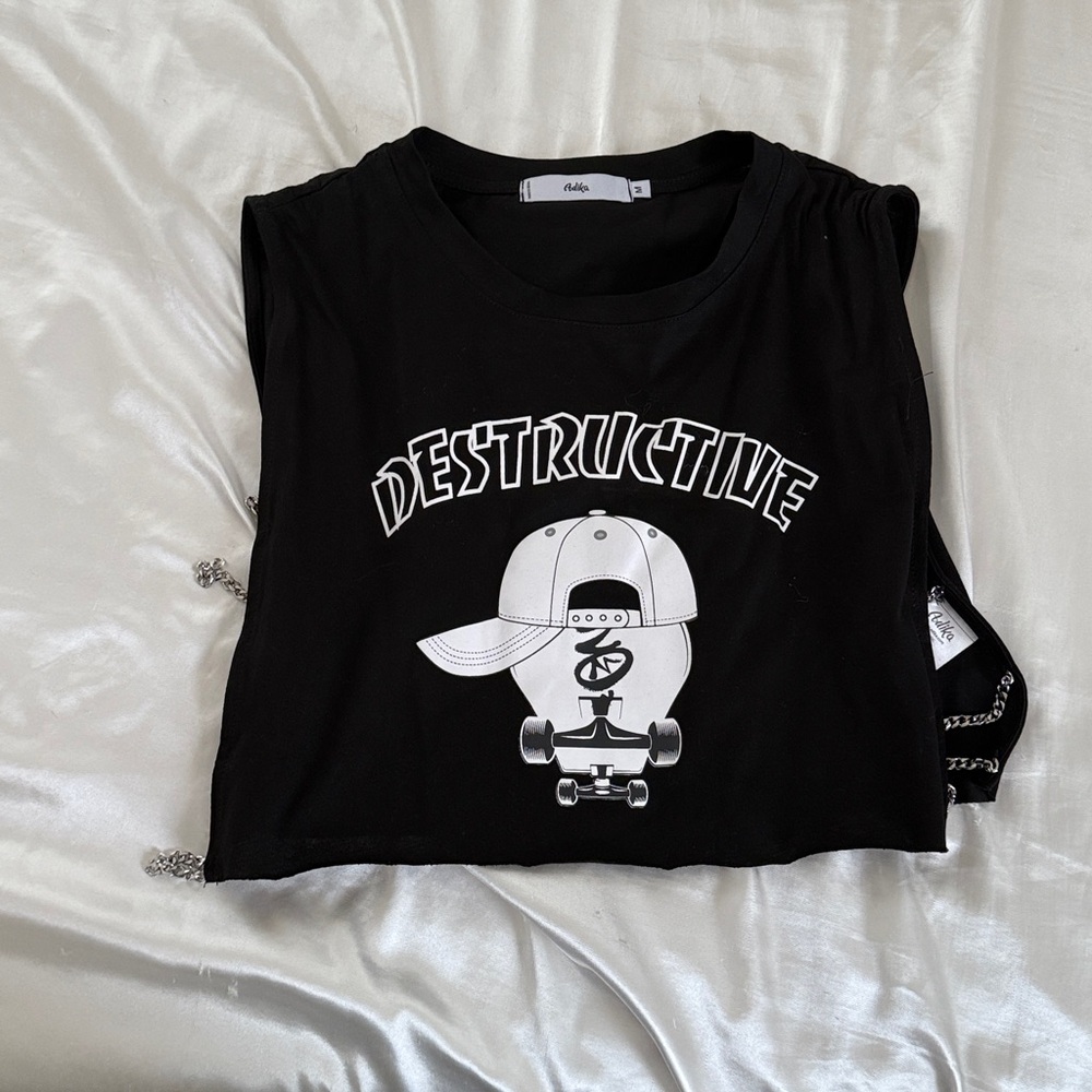 Black Graphic Tee with Chain Detail